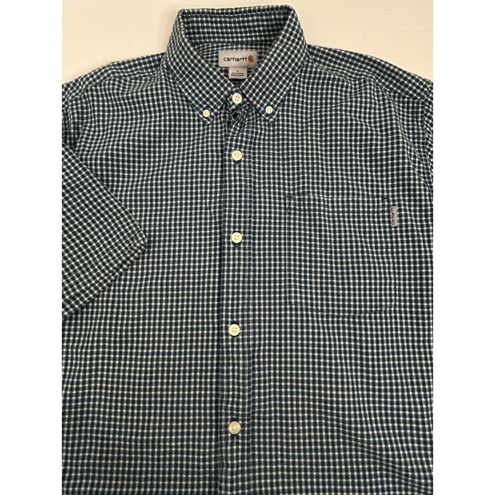 Carhartt Check Forest Green Short Sleeve Pocket Button Down Cotton Shirt Size L